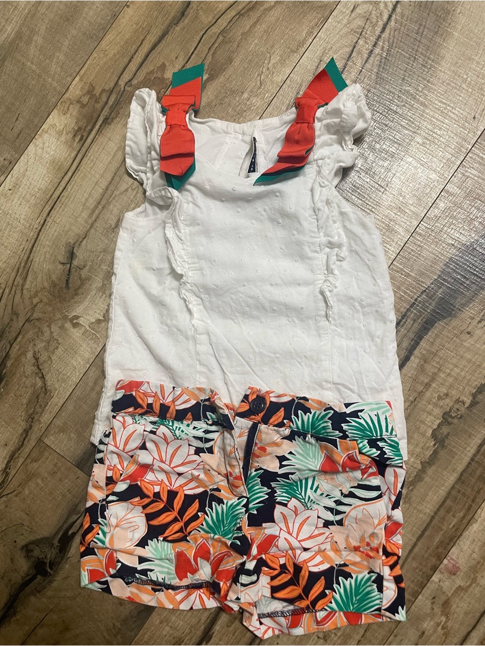 Janie and Jack White Ruffle Tank with Orange, Green & Navy Floral Shorts